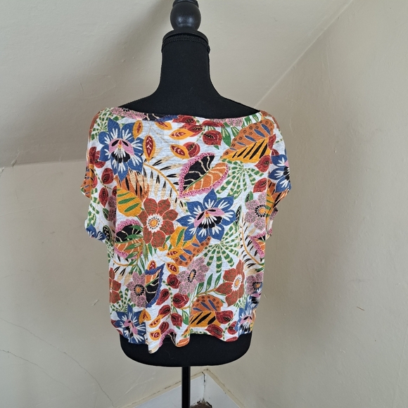 C & C California Linen Top Womens Pullover Semi Crop Floral Size L - Picture 2 of 10